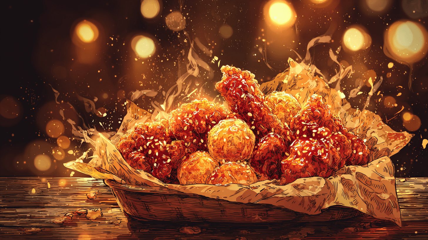 カリカリヤンニョムチキン＆チーズボールの悪魔的バスケット