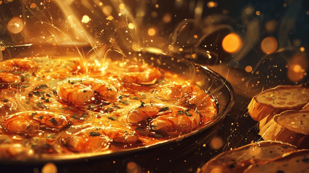 熱々海老ときのこのガーリックアヒージョ バゲット付き