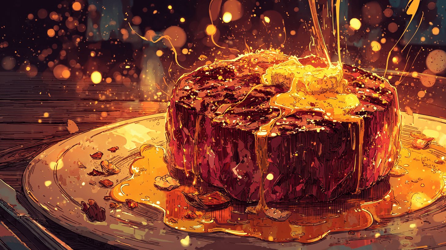 肉汁したたる厚切りサーロインステーキ　焦がしガーリックバターと卵黄ソース添え