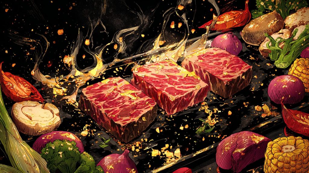 深夜に見たら終わる飯テロアニメ「東京2299一人焼肉」の肉と野菜の画像