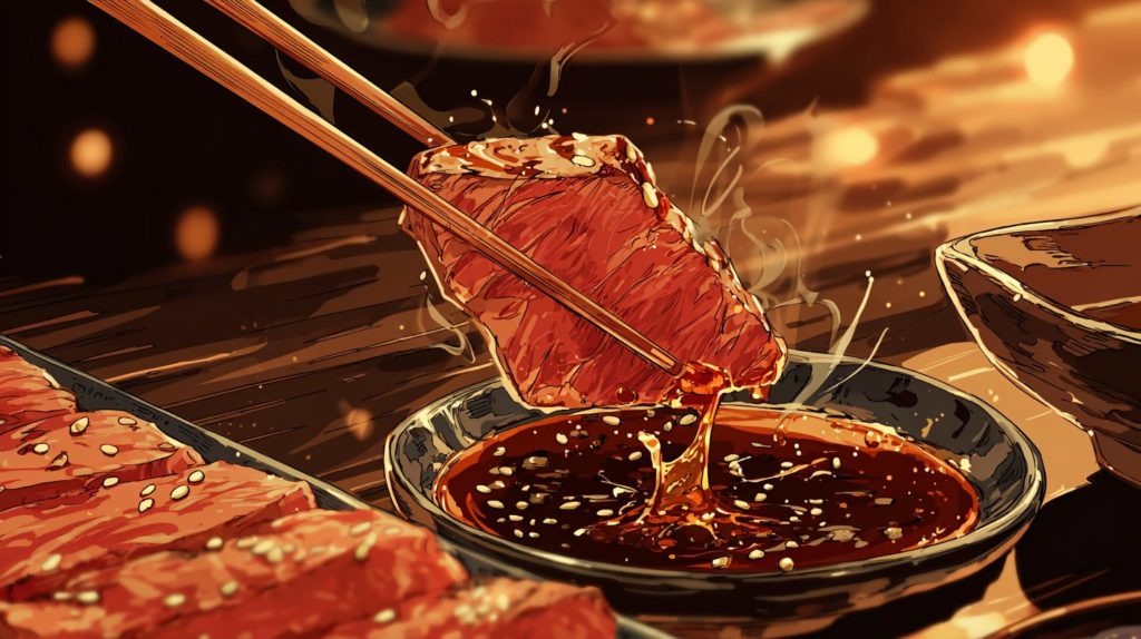 深夜に見たら終わる飯テロアニメ「東京2299一人焼肉」の焼肉のタレ漬けシーン画像