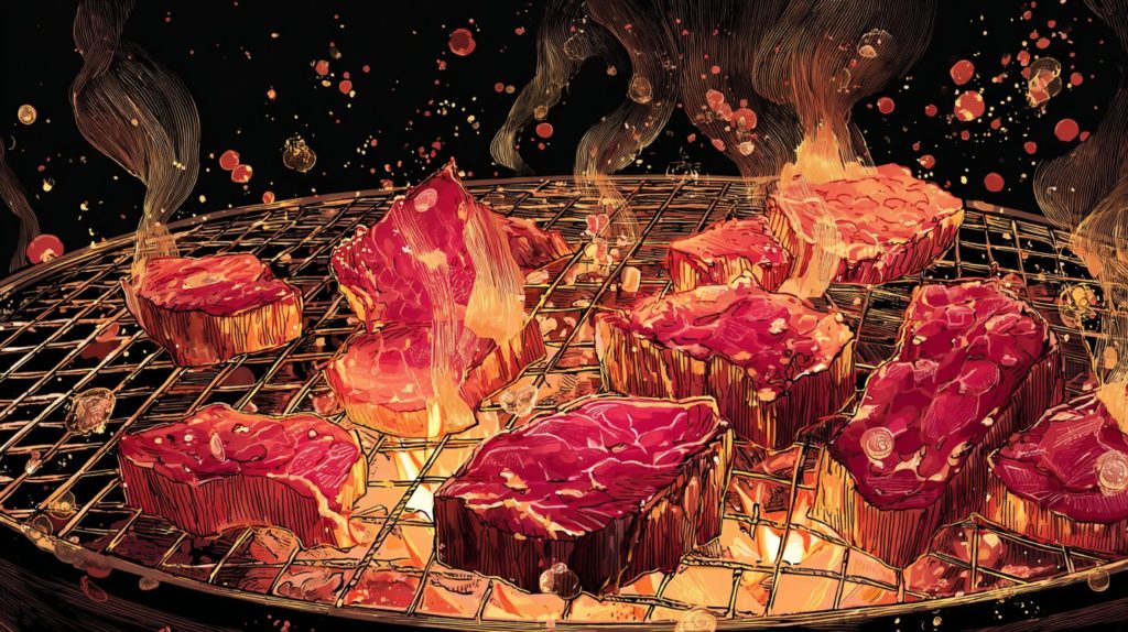 深夜に見たら終わる飯テロアニメ「東京2299一人焼肉」の網の上の焼肉のシズル画像