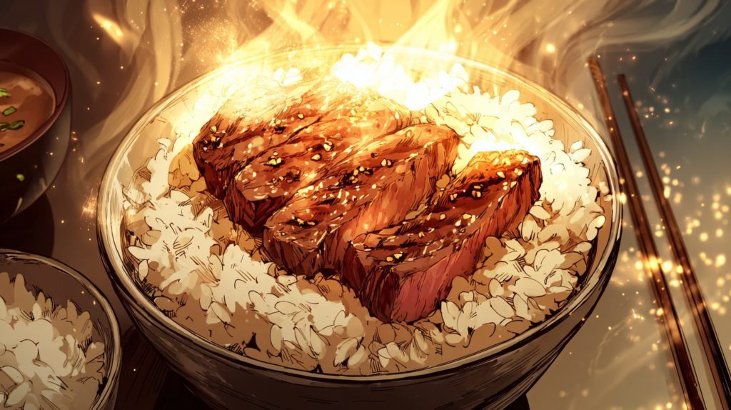 深夜に見たら終わる飯テロアニメ「東京2299一人焼肉」の焼肉丼のシズル画像