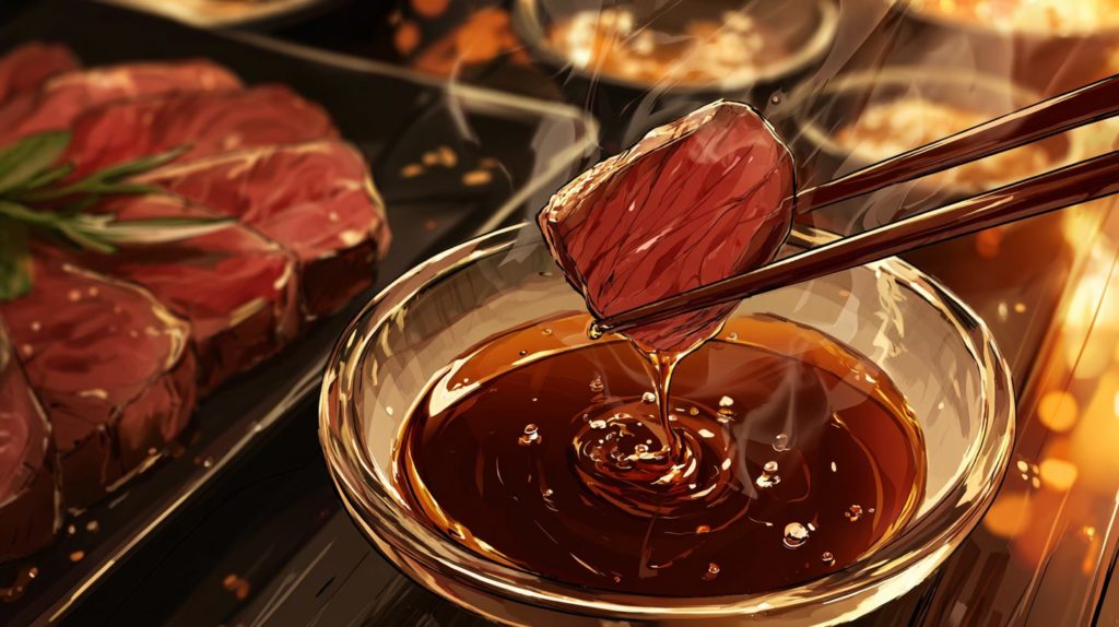 深夜に見たら終わる飯テロアニメ「東京2299一人焼肉」の焼肉にタレをつけている画像