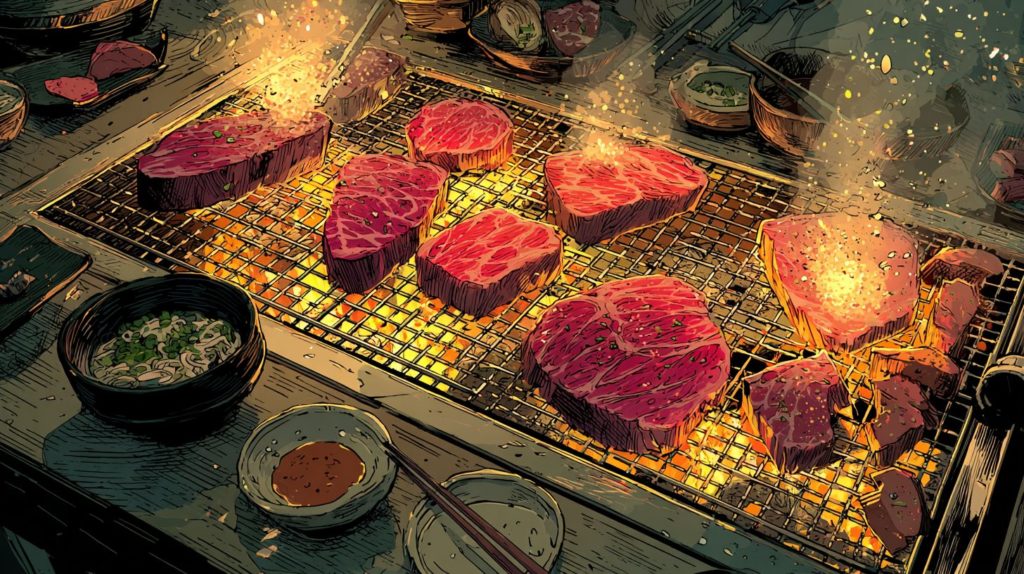 深夜に見たら終わる飯テロアニメ「東京2299一人焼肉」の網に肉を焼いているシズル画像