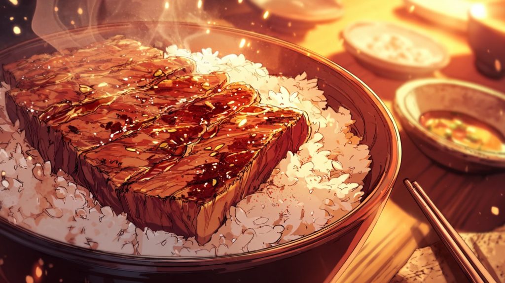 深夜に見たら終わる飯テロアニメ「東京2299一人焼肉」の焼肉丼のシズル画像