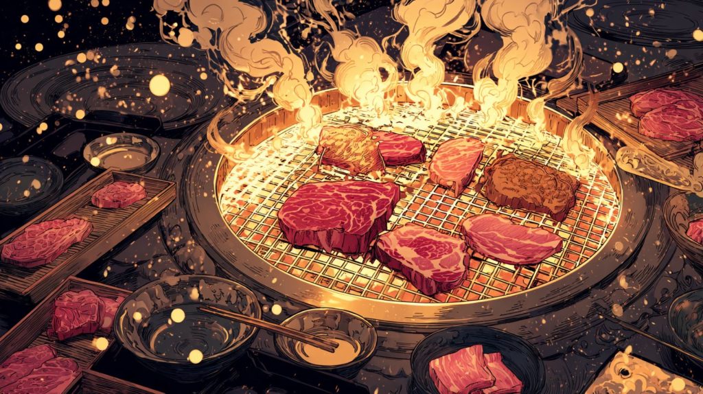 深夜に見たら終わる飯テロアニメ「東京2299一人焼肉」の焼肉の煙のシズル画像