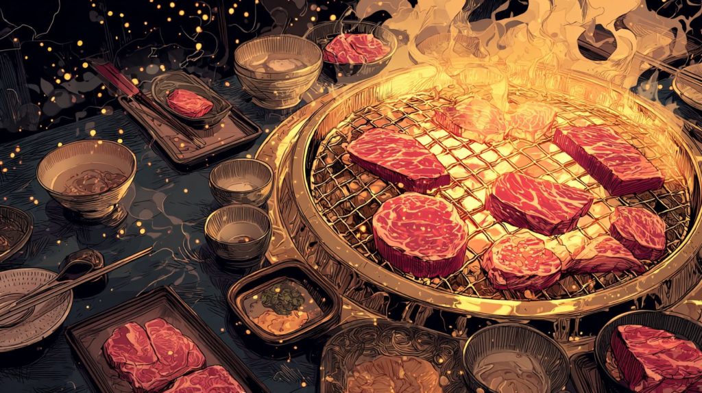 深夜に見たら終わる飯テロアニメ「東京2299一人焼肉」の網の上の焼肉のシズル画像